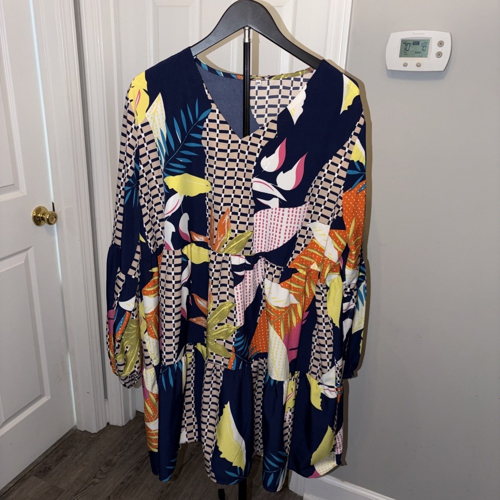 Tunic V Neck Casual Loose Flowy‎ Swing Shift Dress 2XL Vibrant Boho Eclectic EUC